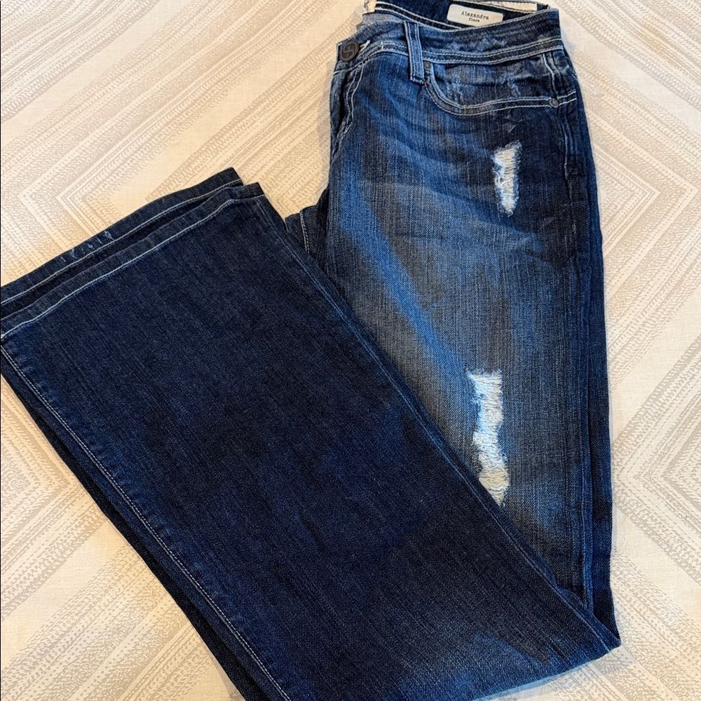 Dylan George Ring Spun Denim Alexandra Flare Jeans Size 28 Distressed Dark Wash